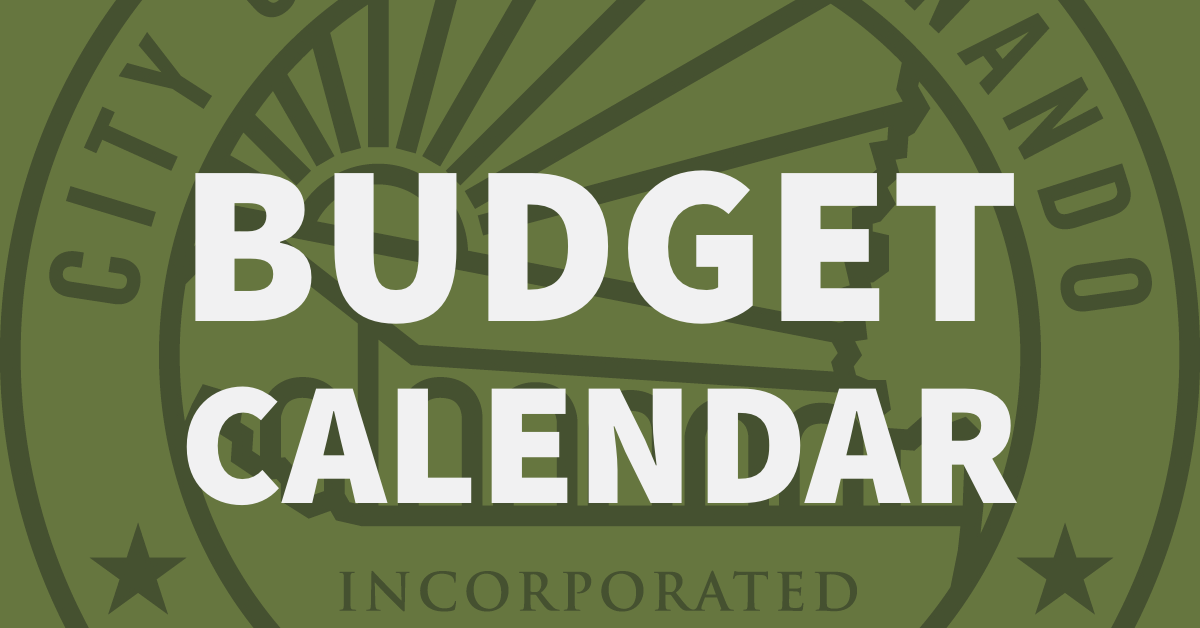 green background, green City of San Fernando seal, Budget Calendar
