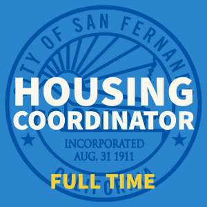 blue background, City of San Fernando seal, Housing Coordinator, Full time
