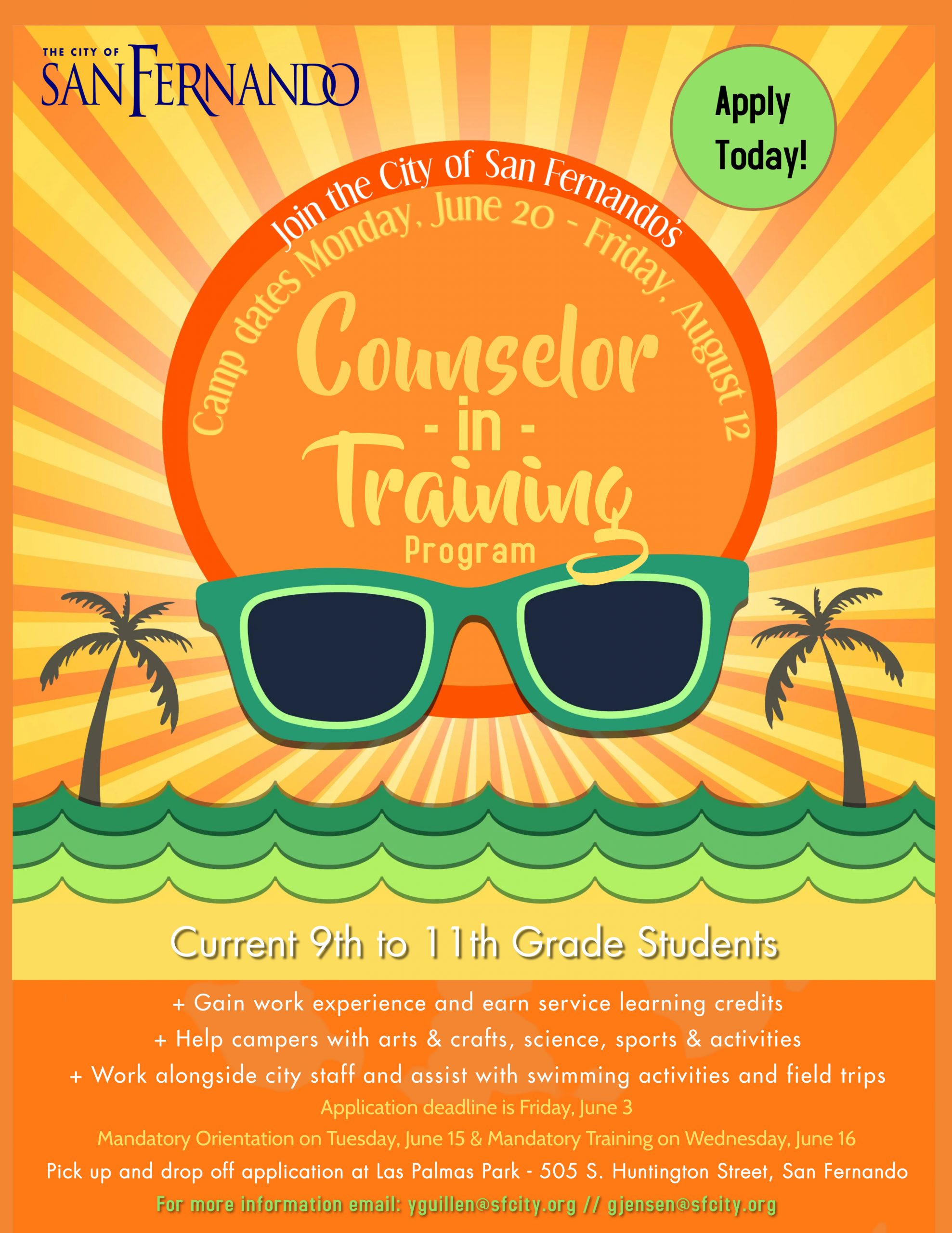 orange and yellow background; sunglasses, palm trees, City of San Fernando, Counselors in Training