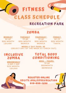 graphics of yoga equipment; fitness class schedule
