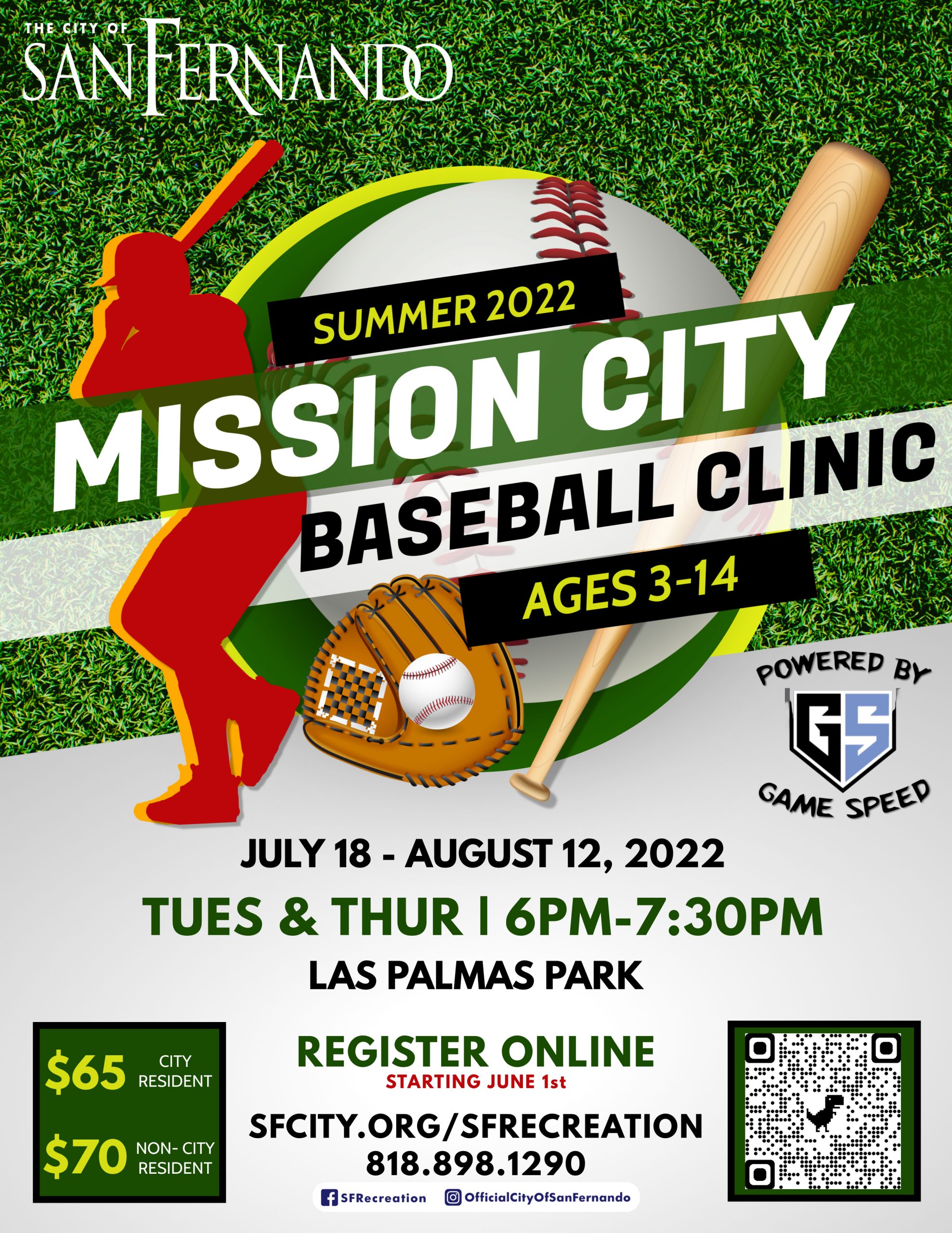 grass background; City of San Fernando logo; graphics - red baseball player, baseball glove & baseball; Summer 2022 Mission City Baseball Clinic, ages 3-14