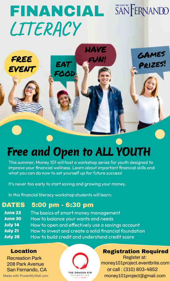 Photo of Kids holding signs that say free event, eat food, have fun, games prizes; City of San Fernando Financial Literacy; free and open to all youth
