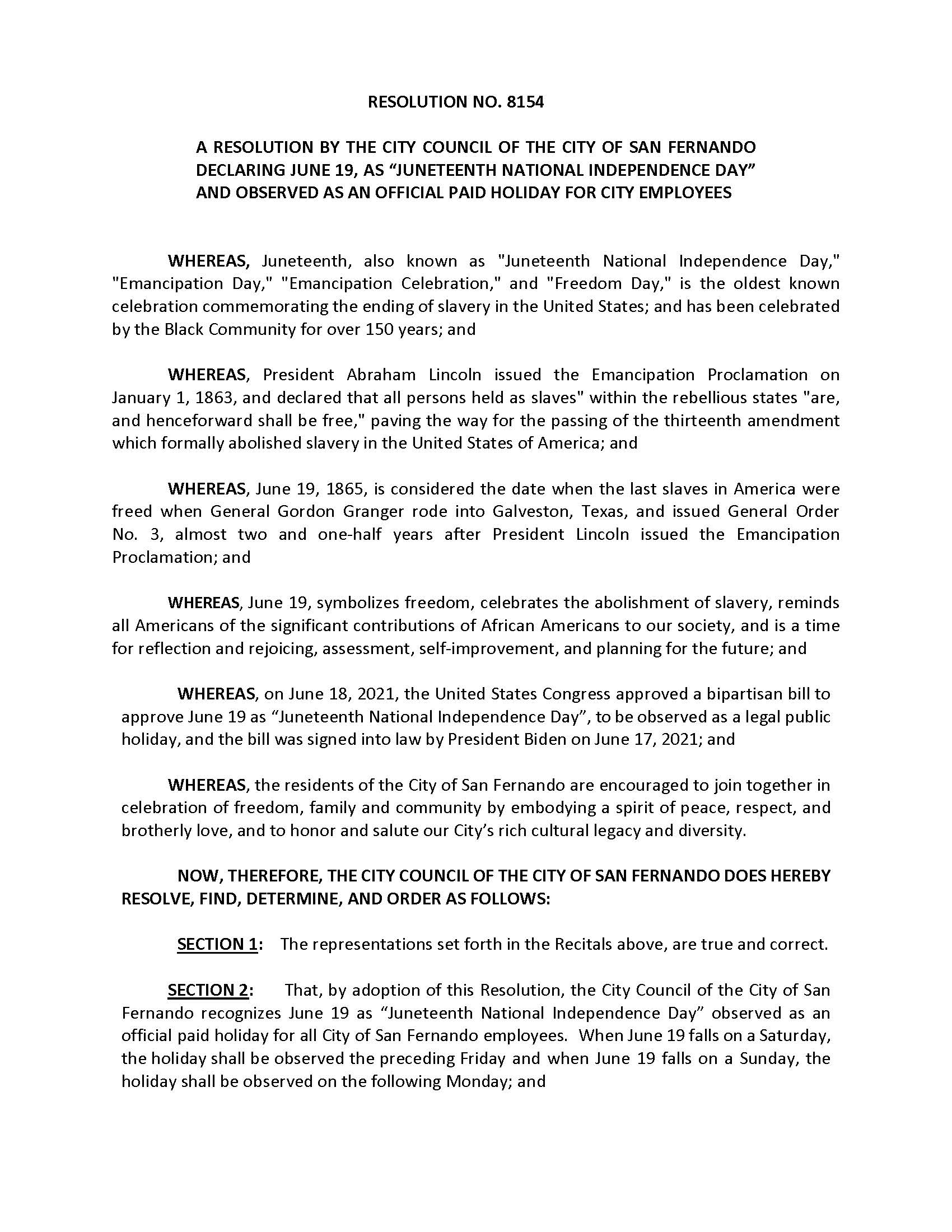 CC Reso No 8154 - Declaring June 19 as Juneteenth and Observed as Official Paid Holiday for City Employees (6-6-2022)_Page_1