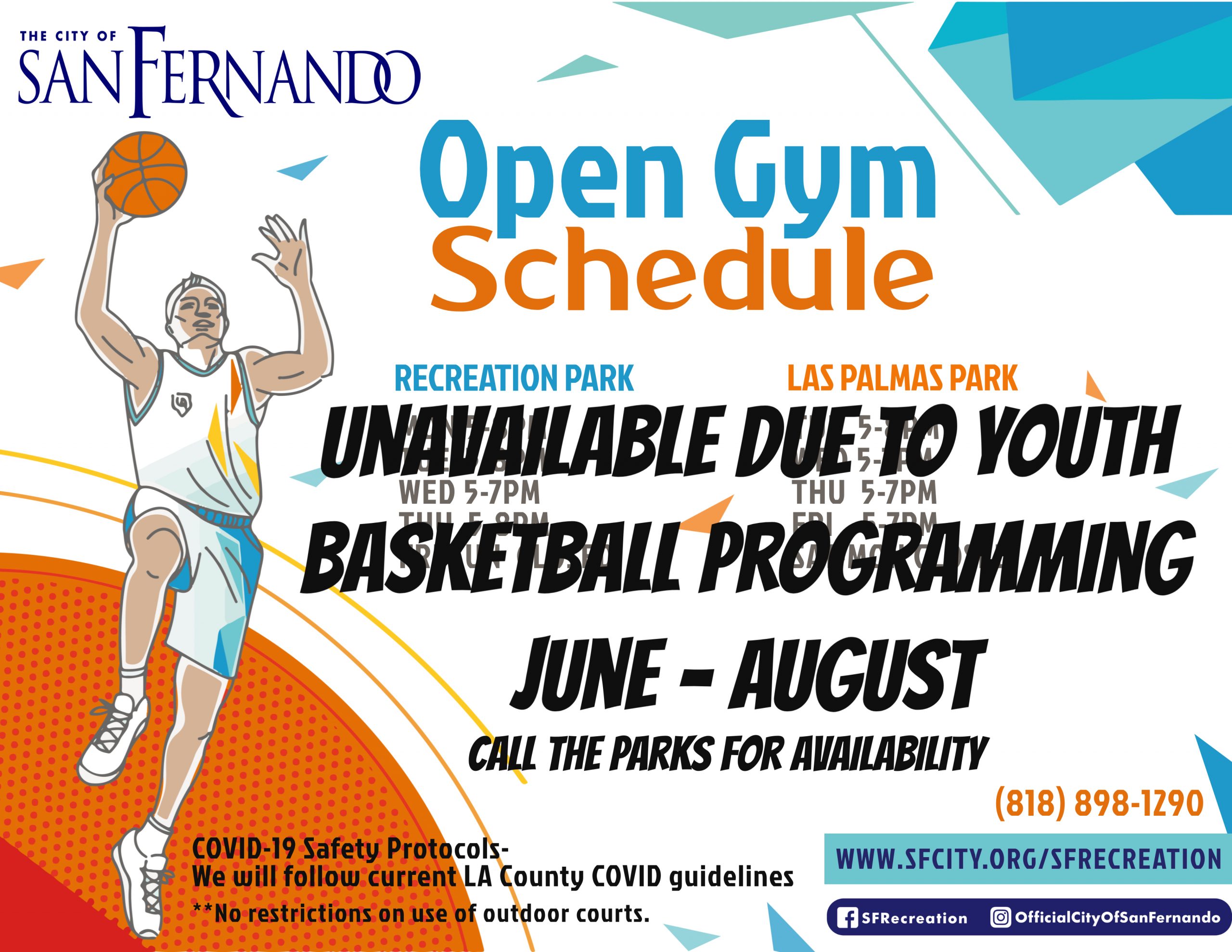 graphic of basketball player and open gym schedule unavailable due to youth basketball programming June - August; call the parks for availability