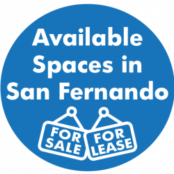 blue circle; white text - available spaces in san fernando; for sale and for rent icons