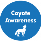 blue circle; white text; coyote awareness; coyote icon