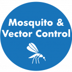 blue circle; white text; mosquito & vector control; mosquito icon