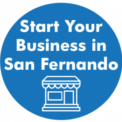 blue circle; white text - start your business in san fernando; business icon