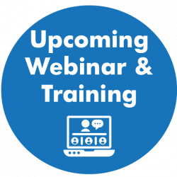 blue circle; white text - upcoming webinar & training; laptop icon