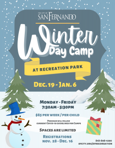 snowy scene, pine trees with snow, snowman, gift, City of San Fernando Winter Day Camp at Recreation Park, Dec. 19-Jan. 6; Monday - Friday; 7:30 am-5:30 pm; $85 per week/per child; Program will follow current COVID-19 guidelines for camps; spaces are limited; registrations Nov. 28-Dec.16