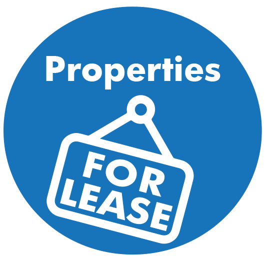 blue circle; white text - properties for lease; for lease icon