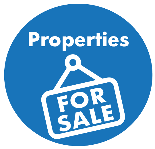 blue circle; white text - properties for sale; for sale icon