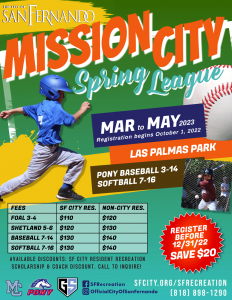 City of San Fernando Mission City Spring League; photo of child running in a baseball uniform
