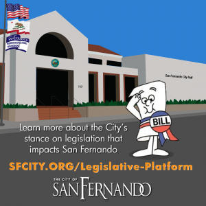 graphic of San Fernando City Hall with cartoon legislative bill