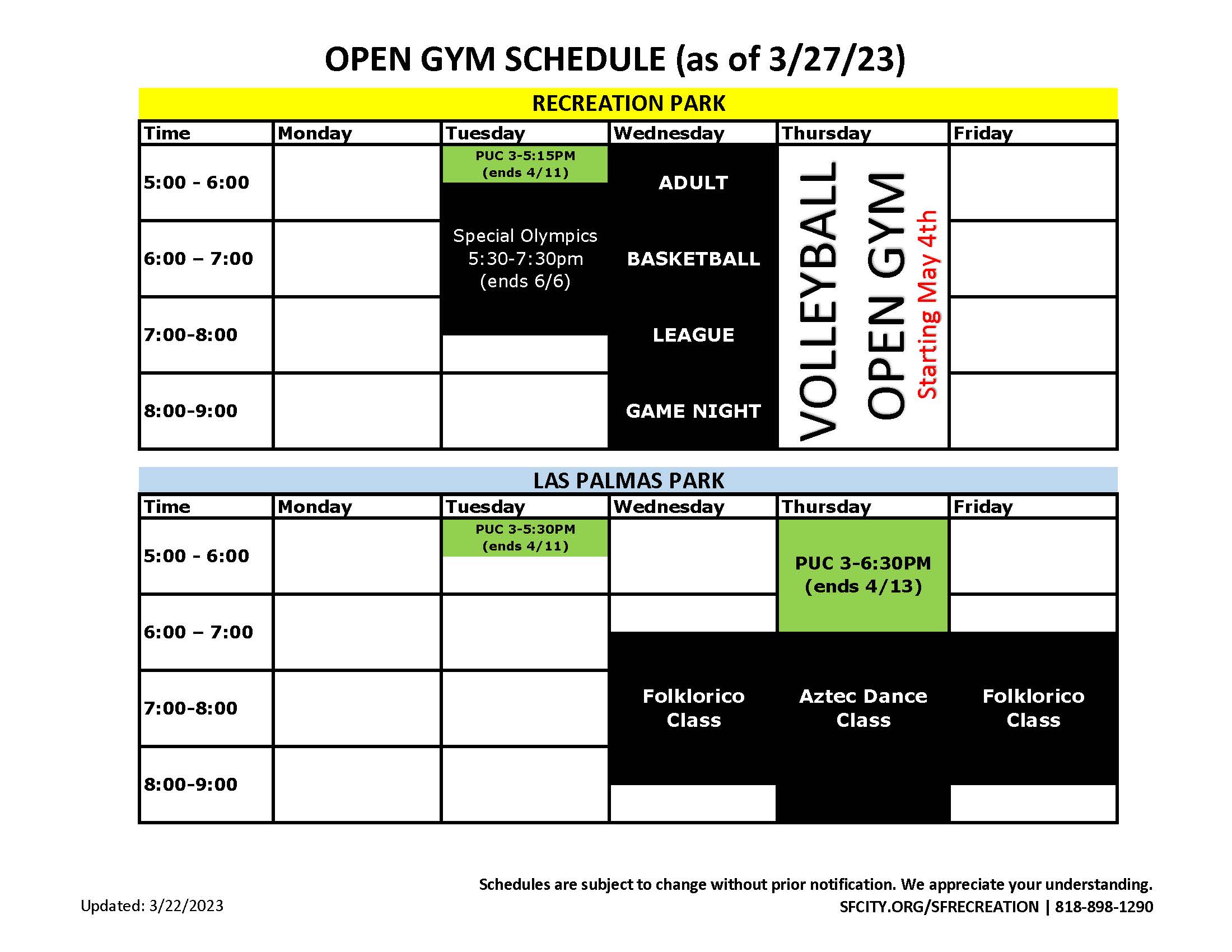 Open Gym Schedule 3.22.23