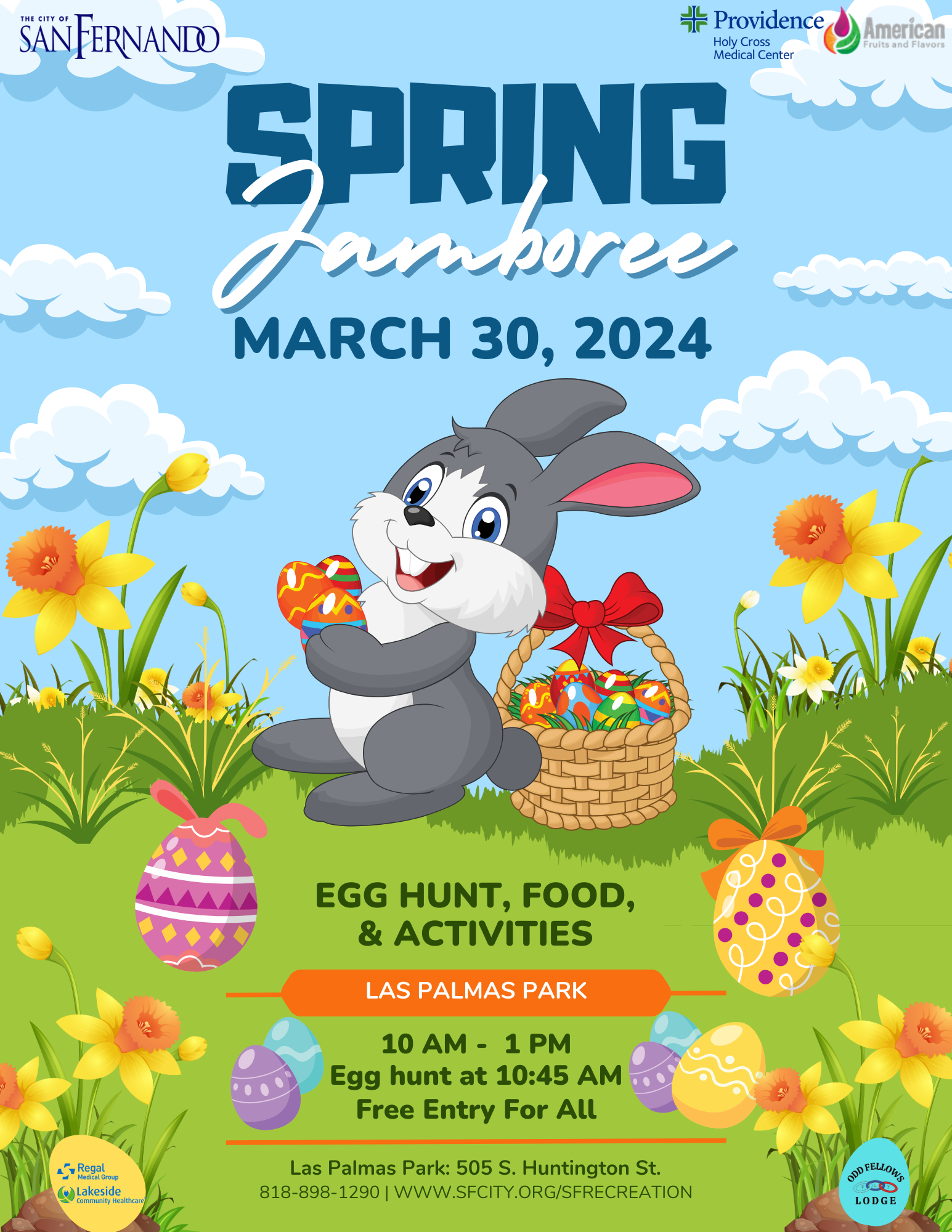 blue sky and green grass graphic with Easter Bunny holding Easter Egg next to a basket with Easter Eggs; Spring Jamboree March 30, 2024
