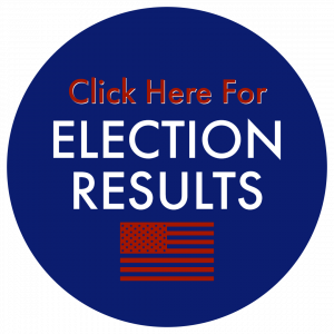 Dark Blue circle; Click Here For Election Results; red American Flag