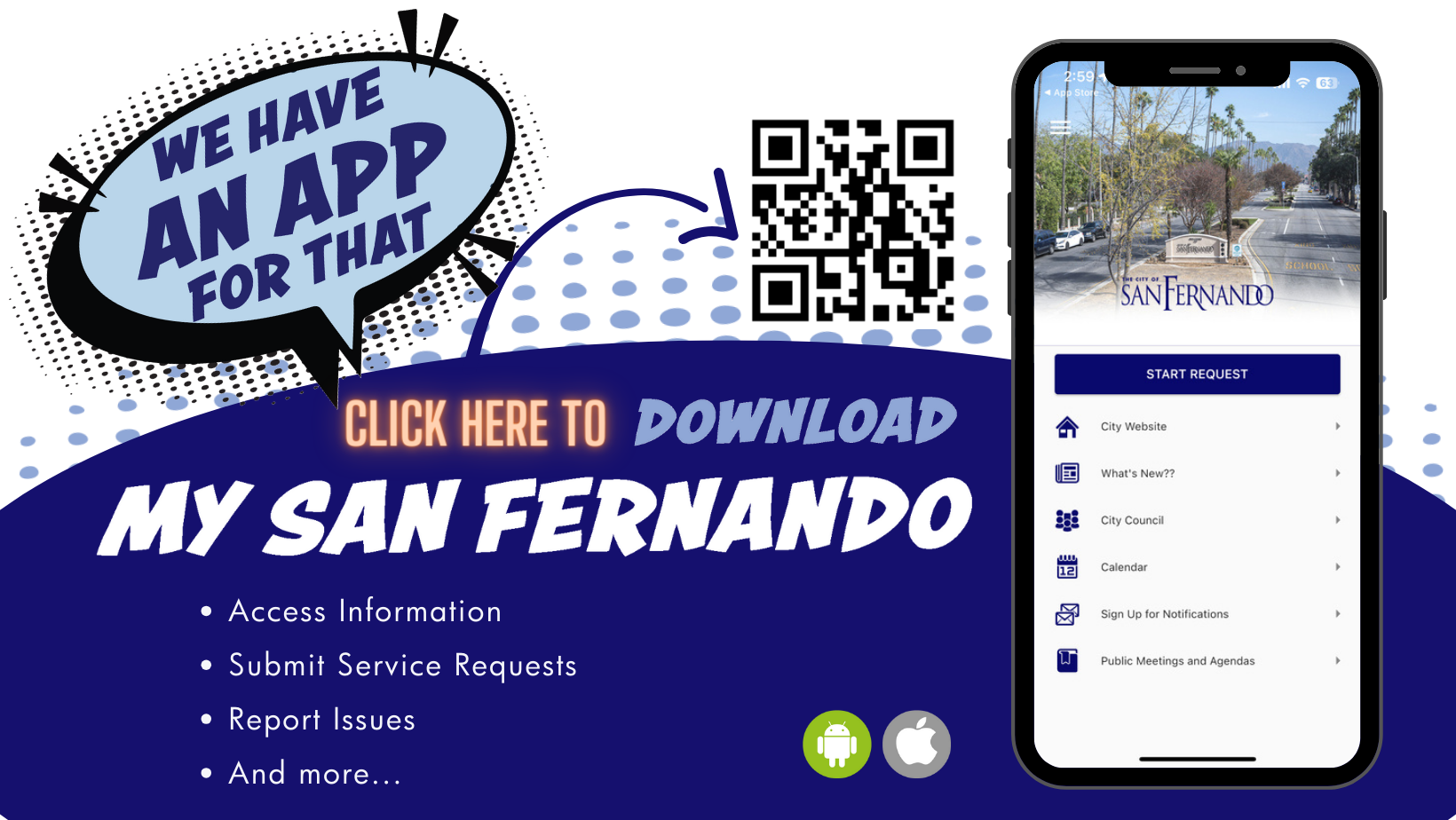 dark blue and white background; dark blue conversation bubble with "we have an app for that" text; download My San Fernando app; photo of smart phone displaying My San Fernando app