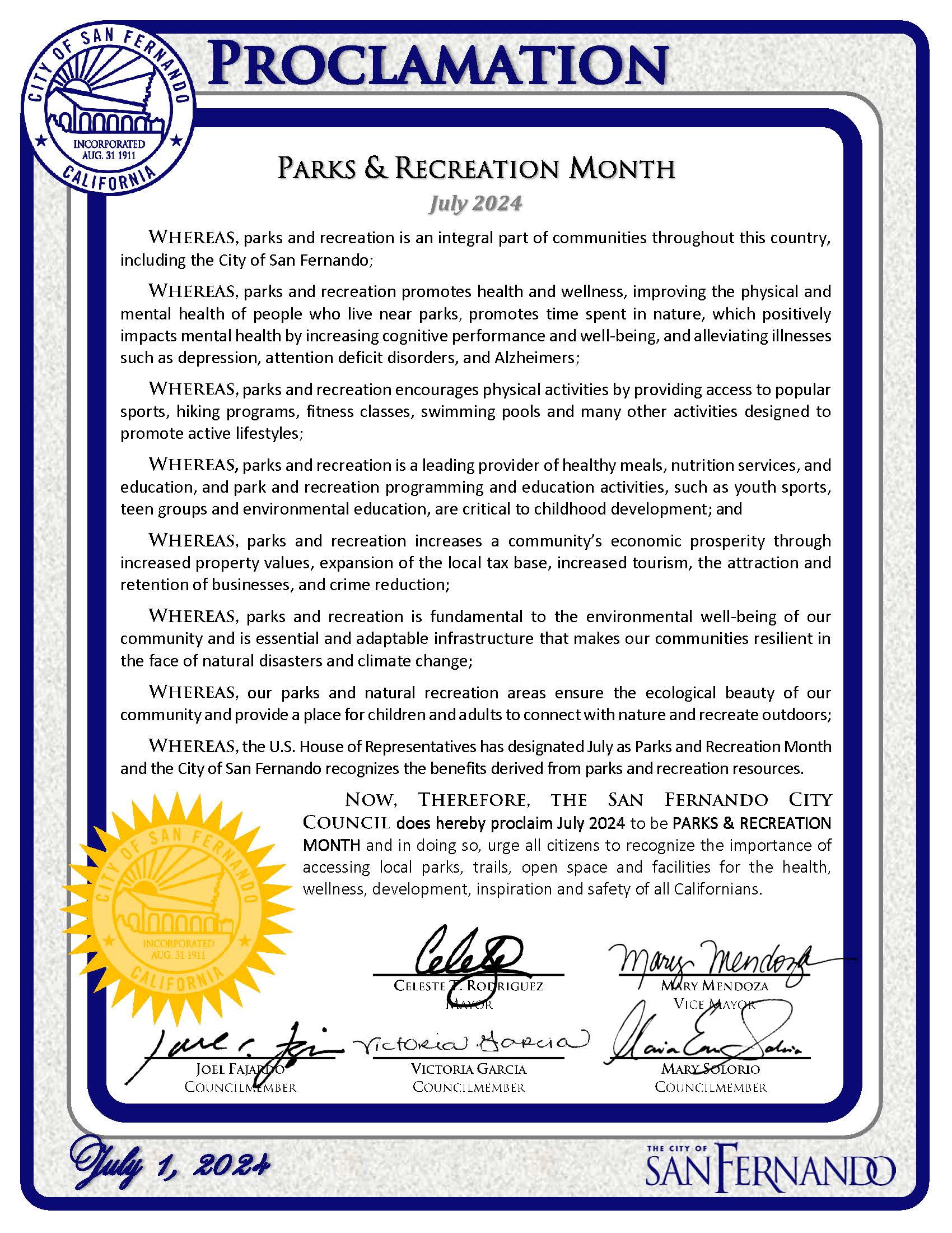 Proclamation for Parks & Recreation Month, July 2024, by the City of San Fernando. The document highlights the importance of parks and recreation in promoting health, wellness, physical activities, economic prosperity, environmental well-being, and community connection. It recognizes July 2024 as Parks & Recreation Month, urging all citizens to utilize local parks and facilities for health, wellness, development, and safety. The proclamation is signed by city council members and the mayor. The City of San Fernando seal and logo are included.