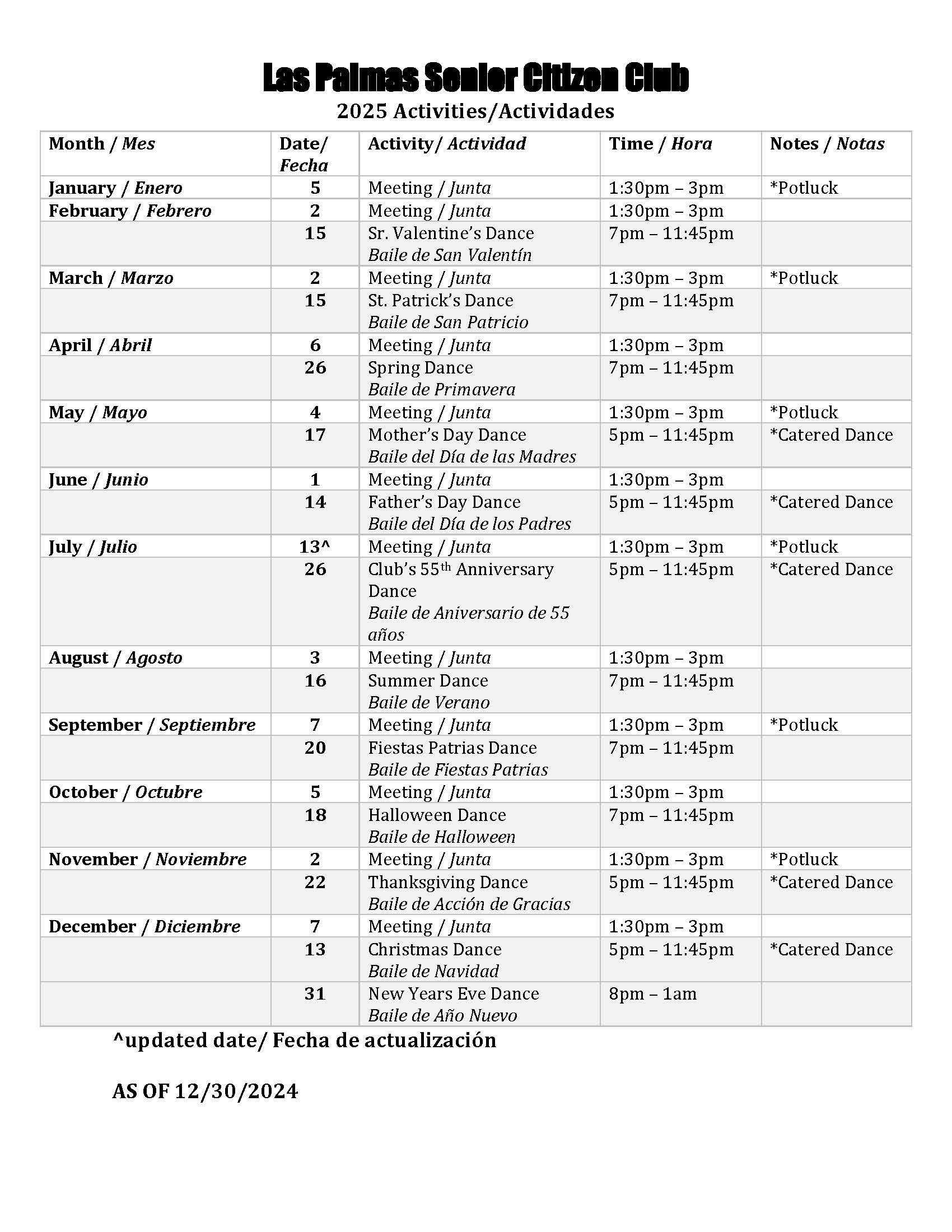 2025 LP Senior Club Meetings and Dances Dates