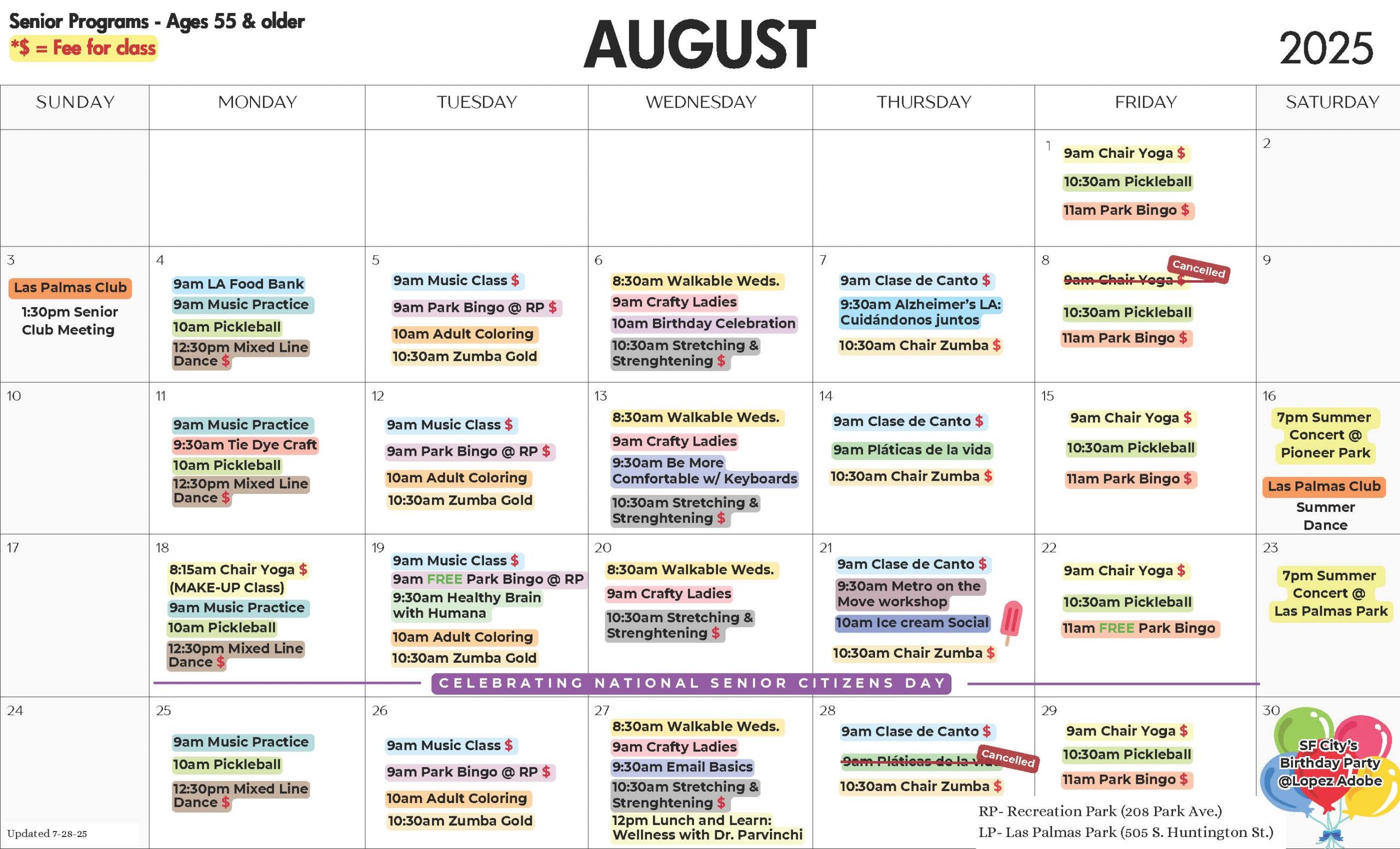 August Senior Calendar English