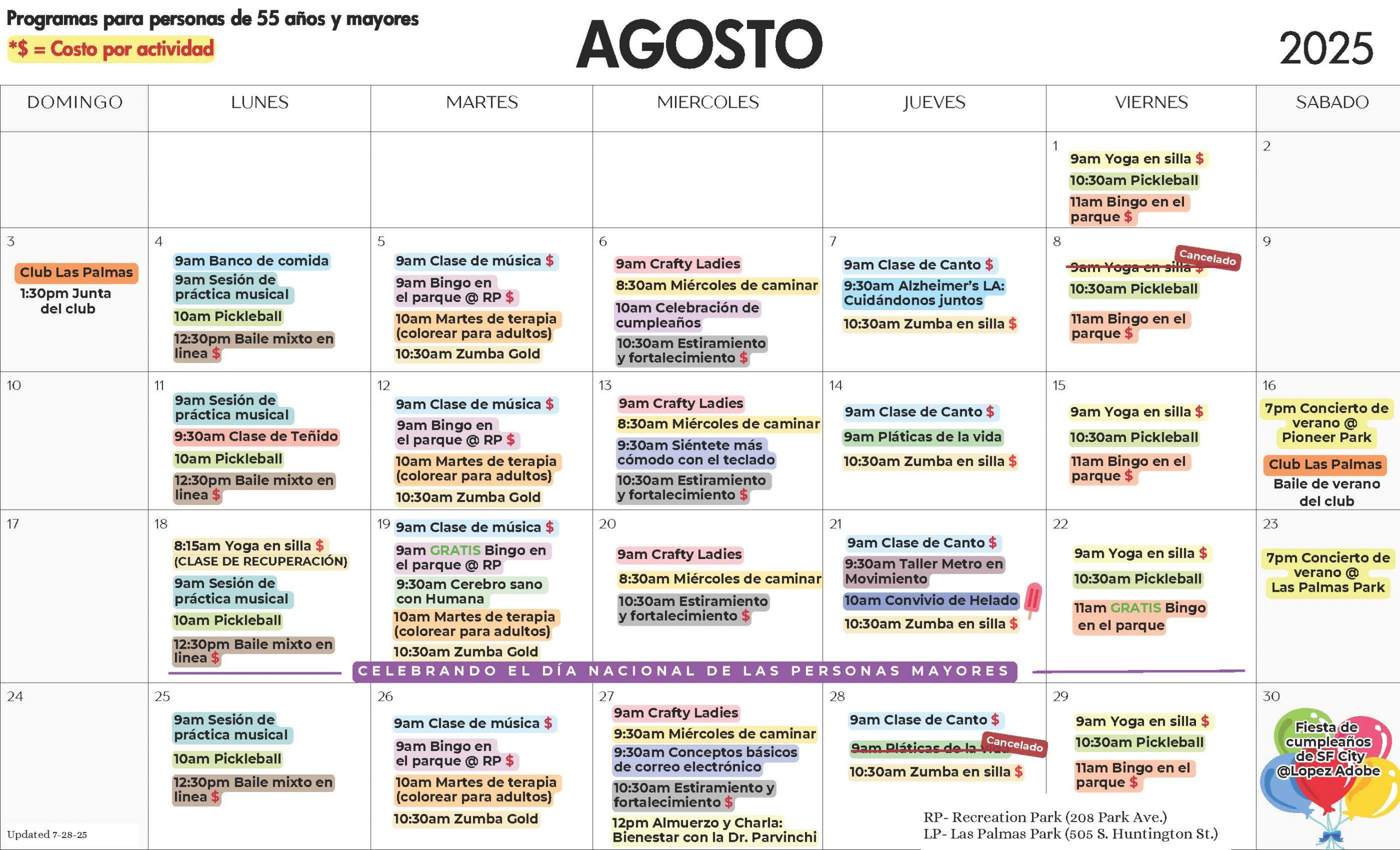 August Senior Calendar Spanish